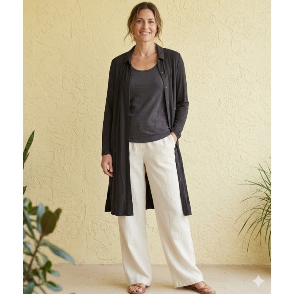 EILEEN FISHER Long Button-Front Shirt Jacket XL Black Stretch Jersey Collared